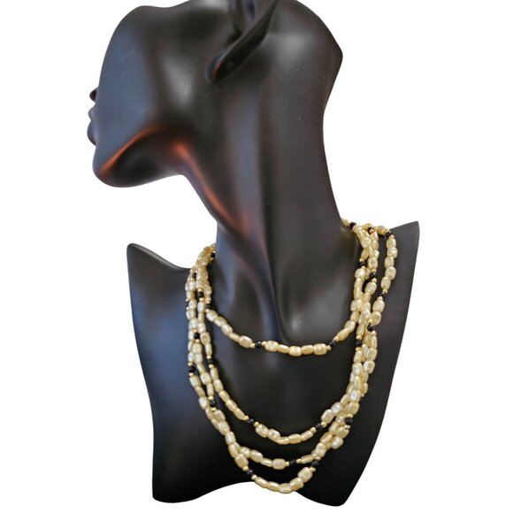Opera Length Faux Freshwater Pearl Necklace With Black & Gold Accents 32" - Picture 1 of 9
